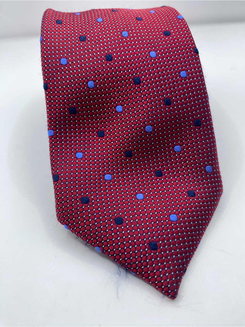 Neiman Marcus Burgundy Silk Tie with Blue Dot Pattern